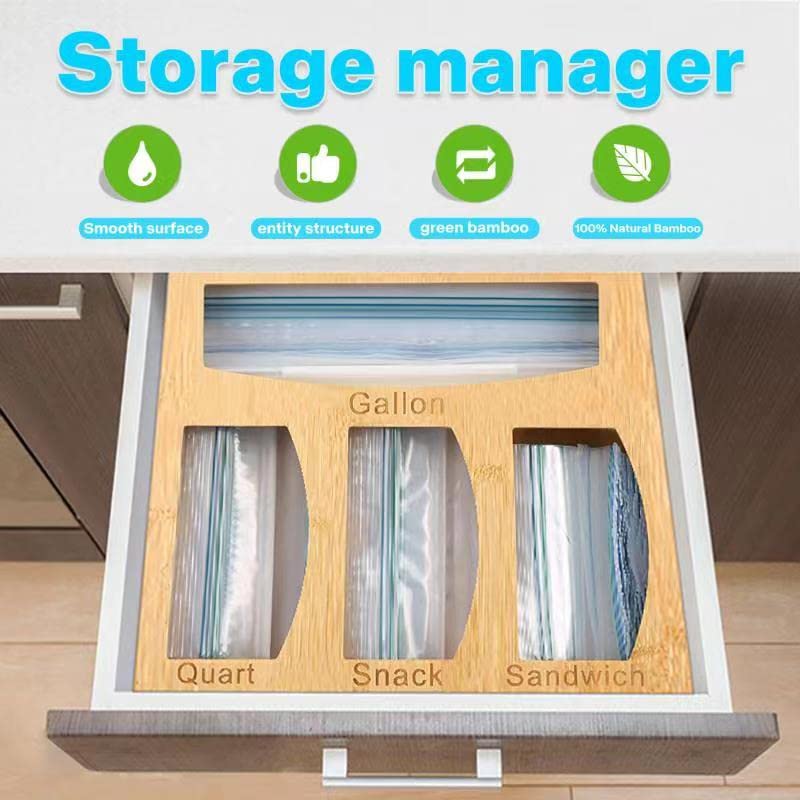 Bamboo Ziplock Bag Storage Organizer and Dispenser for Kitchen